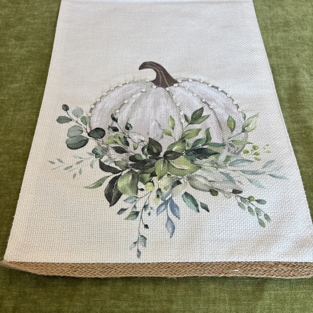 Autumn Hill Harvest Runner White Linen Burlap Gourd Modern Farmhouse 13.5x73